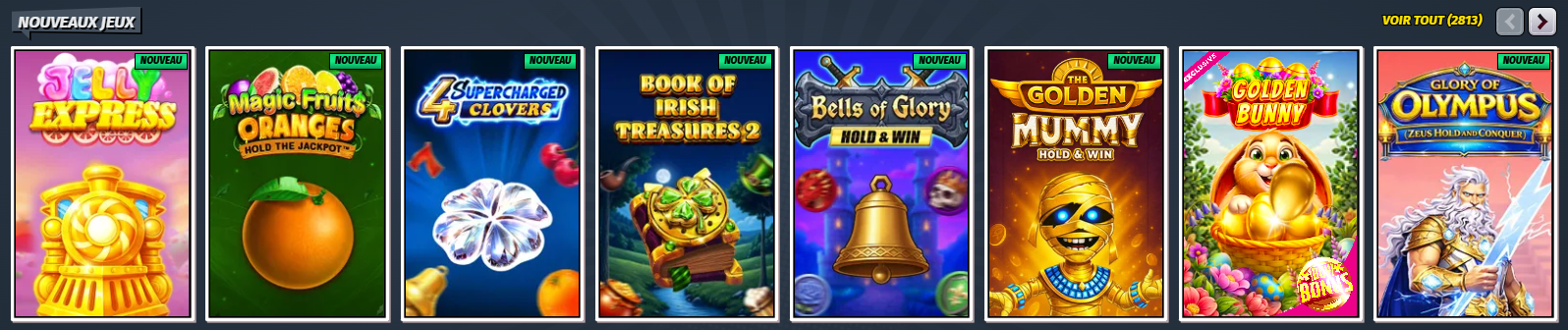 “New Games” section showcasing recently added slots, including titles like Stellar Express, Magic Fruits Oranges, 4 Supercharged Clovers, Book of Irish Treasures 2, Bells of Glory Hold & Win, The Golden Mummy, Golden Bunny, and Glory of Olympus, each marked with a “New” label.