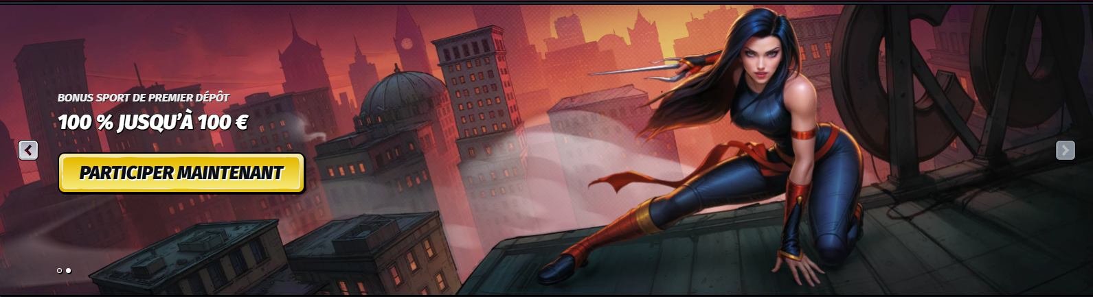 Hero banner featuring a female action character on a rooftop with a city backdrop, promoting a sports first deposit bonus of 100% up to €100, with a prominent yellow “Participer maintenant” (Join Now) call-to-action button.