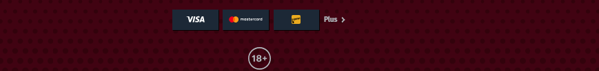 Footer with Visa, Mastercard, and Interac payment icons, a “Plus” link, and an 18+ age restriction badge on a red dotted background.