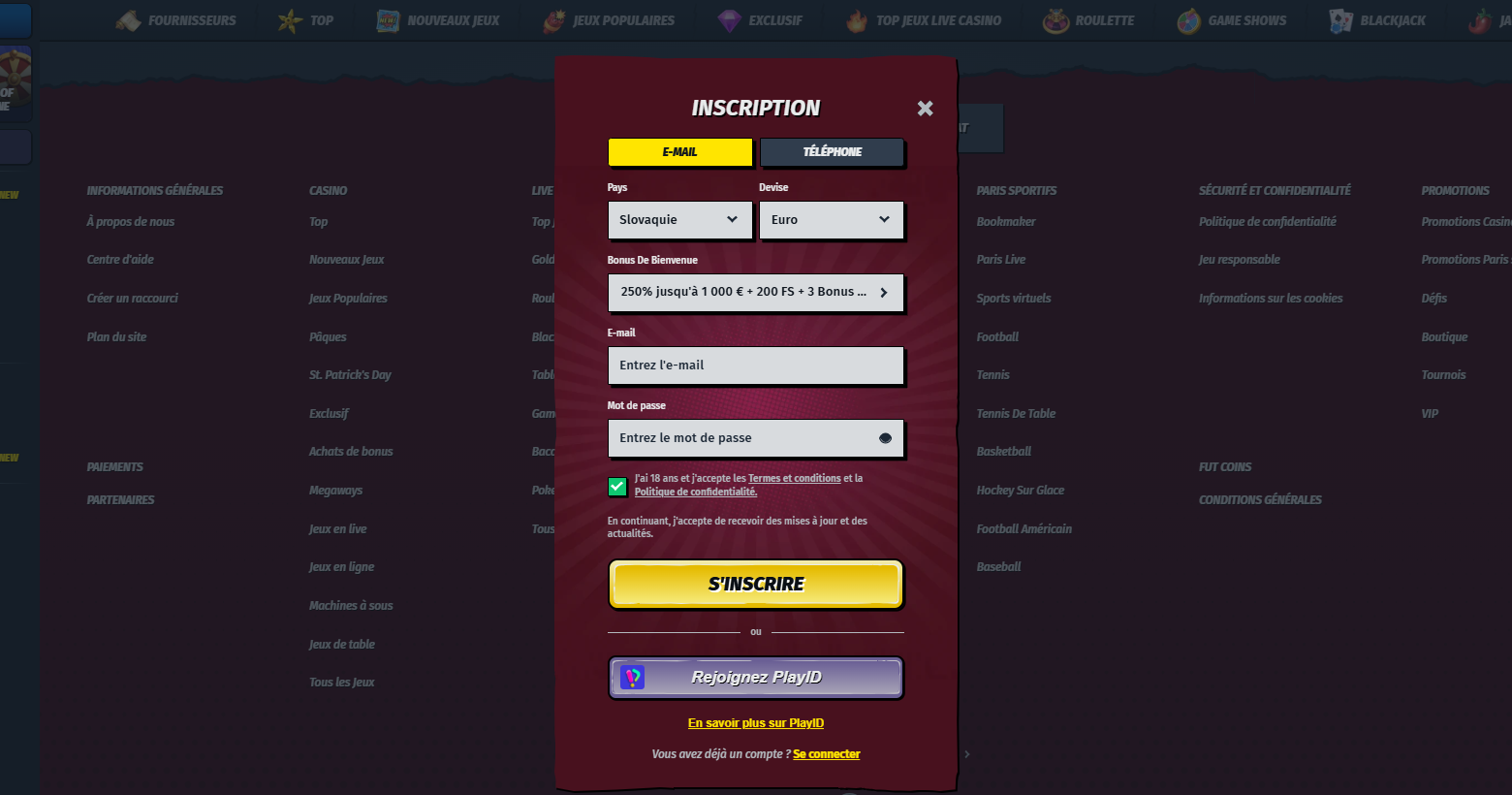 Registration modal in French (“Inscription”) with E-mail and Phone tabs, fields for country (Slovaquie), currency (Euro), welcome bonus selection, email and password inputs, a terms acceptance checkbox, a yellow “S’inscrire” button, and an alternative “Rejoignez PlayID” option.